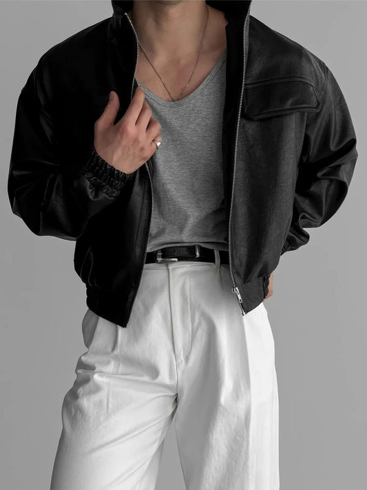 Auron Black Luxe PU Bomber Jacket