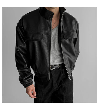 Auron Black Luxe PU Bomber Jacket